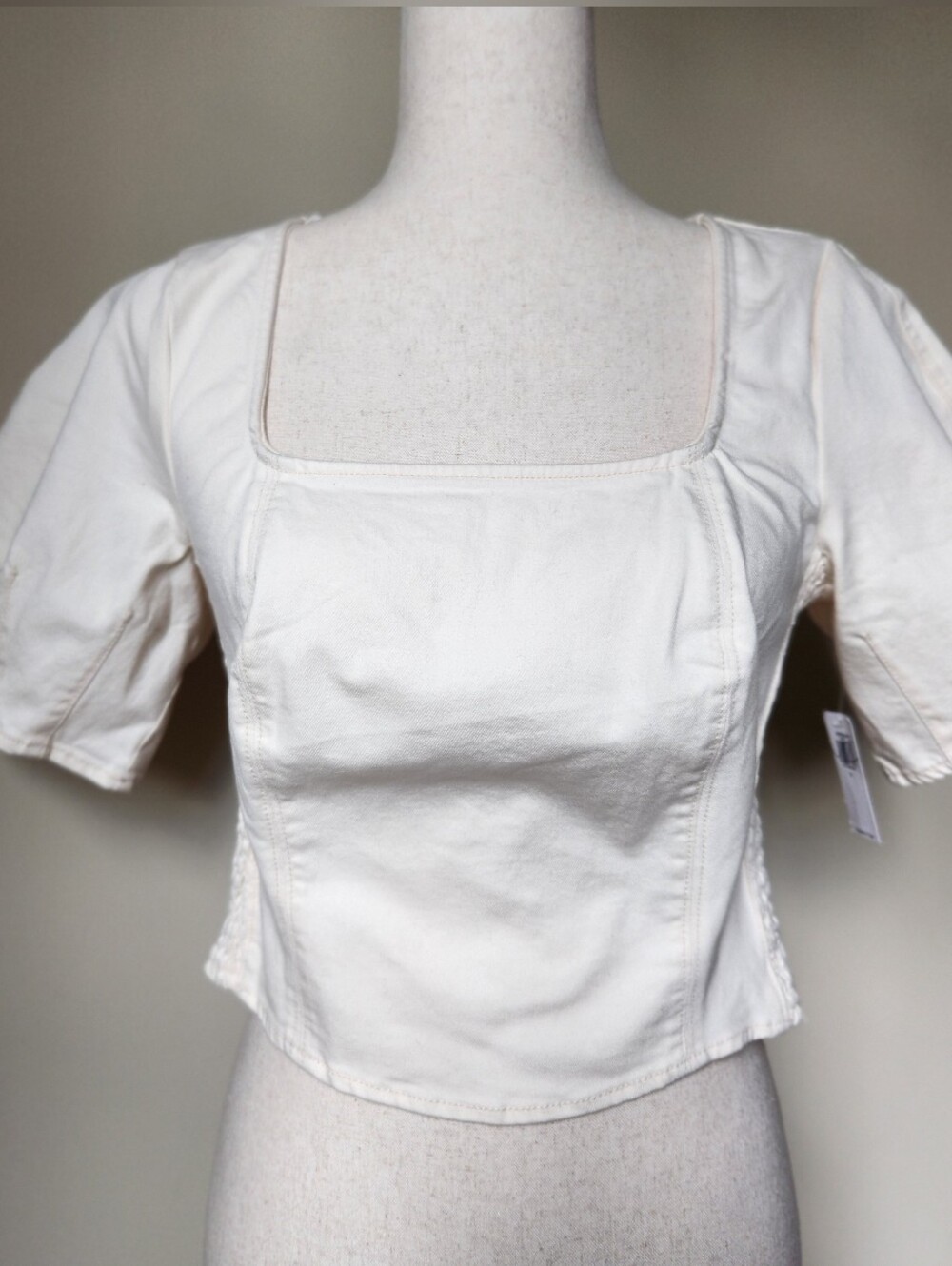 NWT White Denim Sructuted Puff Sleeve Square Neck Crop Top Blouse Size S Cotton